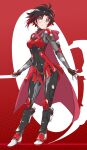  1girl alternate_costume armor armored_boots armored_skirt black_hair bodysuit boots breasts cape english_commentary fingerless_gloves full_body gloves grey_eyes highres iesupa parted_lips power_armor red_armor red_cape red_hair ruby_rose rwby short_hair shoulder_armor silhouette solo 