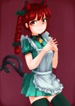  1girl alternate_costume animal_ears apron bangs bell black_legwear bow braid cat_ears cat_tail closed_mouth cowboy_shot dress eyebrows_visible_through_hair green_bow green_dress hair_bow highres kaenbyou_rin looking_at_viewer maid medium_hair multiple_tails neck_bell own_hands_together red_background red_eyes red_hair red_nails scottie0521 short_sleeves side_braids simple_background smile solo standing tail thighhighs touhou twin_braids two_tails white_apron 