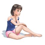  1girl absurdres arm_on_knee bangs barefoot bob_cut brown_eyes brown_hair commentary feet hand_on_own_chin highres kisugizumi knee_up looking_ahead loungewear off_shoulder open_mouth original pink_shorts shadow short_hair short_shorts shorts simple_background solo strap_slip tank_top toes white_background 