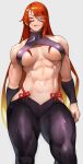  1girl abs absurdres bangs bare_arms bare_shoulders biceps black_pants blonde_hair body_markings breasts collarbone fuuma_kotarou_(tenkaichi) gradient_hair halter_top halterneck highres large_breasts long_hair looking_at_viewer multicolored_hair muscular muscular_female navel pants red_eyes red_hair shoulders smile solo tenkaichi_nihon_saikyou_bugeisha_ketteisen thick_thighs thighs toned tongue tongue_out underboob yoshio_(55level) 