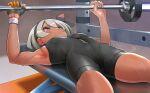  1girl armpits barbell bea_(pokemon) bodysuit cameltoe covered_navel dark-skinned_female dark_skin gloves hair_ribbon highres kilesha lying on_back pokemon pokemon_(game) pokemon_swsh ribbon short_hair silver_hair single_glove solo sweat weightlifting 