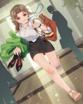  1girl 2boys bag black_footwear black_skirt braid braided_ponytail bralines collared_shirt dress_shirt green_jacket hair_ornament hair_scrunchie handbag high_heels idolmaster idolmaster_cinderella_girls indoors jacket kamille_(vcx68) lanyard light_brown_hair light_particles long_hair miniskirt mouth_hold multiple_boys nail_polish name_tag office_lady plant ponytail potted_plant red_scrunchie running scrunchie senkawa_chihiro shirt shirt_tucked_in skirt toeless_footwear toenail_polish toenails white_shirt 