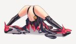  1girl ass black_hair censored fate/grand_order fate_(series) from_behind full_body heart heart_censor jack-o&#039;_challenge japanese_clothes joints katou_danzou_(fate) long_hair navel pussy red_scarf sarhce scarf simple_background solo spread_legs thighhighs thighs top-down_bottom-up 