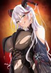  1girl :q aegir_(azur_lane) amadarel azur_lane bare_shoulders black_cape black_gloves blush bodystocking breast_curtains breasts cape covered_navel cross cross-laced_clothes cross_earrings demon_horns earrings elbow_gloves eyebrows_visible_through_hair from_below gloves hair_on_horn horns huge_breasts impossible_clothes iron_cross jewelry long_hair looking_at_viewer looking_down multicolored_hair red_hair skin_tight smile solo streaked_hair tongue tongue_out torn_bodystocking torn_clothes underbust white_hair yellow_eyes 