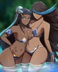  2girls absurdres armband bikini black_hair blue_bikini blue_eyes blue_hair blue_nails bracelet breasts bun_cover closed_mouth cowboy_shot dark-skinned_female dark_skin english_commentary eyelashes eyeliner hair_bun hair_over_one_eye highres jewelry large_breasts lips lipstick long_hair looking_at_viewer makeup multicolored_hair multiple_girls navel nessa_(pokemon) omiza_somi orange_nails parted_lips pokemon pokemon_(game) pokemon_oras pokemon_swsh shelly_(pokemon) smile streaked_hair swimsuit tan two-tone_hair very_long_hair wading water wet wet_clothes wet_hair wet_swimsuit 