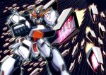  blue_eyes char&#039;s_counterattack clenched_hand fin_funnels flying gundam kin-san_(sasuraiga) looking_at_viewer mazinger_(series) mecha mobile_suit no_humans nu_gundam parody scene_reference science_fiction shin_mazinger_shougeki!_z-hen solo v-fin 