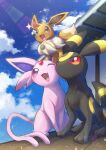  :d absurdres blush cloud commentary_request day eevee espeon fang gen_1_pokemon gen_2_pokemon highres no_humans nullma one_eye_closed open_mouth outdoors pokemon pokemon_(creature) purple_eyes sky smile sparkle tongue umbreon 