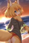  1girl animal_ear_fluff animal_ears animal_nose ass beach bikini black_shirt blonde_hair blue_eyes commentary_request cowboy_shot dutch_angle eyebrows_visible_through_hair facing_away fang fox_ears fox_girl fox_tail furry furry_female hair_between_eyes highres horokusa_(korai) light_blush looking_at_viewer looking_back off_shoulder original red_bikini sand shirt short_hair solo sunset swimsuit tail thick_eyebrows water 