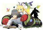  1boy 1girl ahoge ant artoria_pendragon_(caster)_(fate) artoria_pendragon_(fate) bangs black_hair blonde_hair bug butterfly caterpillar crown eyebrows_visible_through_hair fairy fate/grand_order fate_(series) flower green_eyes hair_flower hair_ornament head_on_hand highres lying moth oberon_(fate) on_stomach pirohi_(pirohi214) reading signature simple_background spoilers younger 