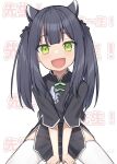  1girl animal_ears binsen black_hair blue_archive commentary_request green_eyes hair_between_eyes hair_ornament highres long_hair looking_at_viewer open_mouth shun_(blue_archive) simple_background sitting solo thighhighs translation_request twintails white_background white_legwear 