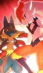  bright_pupils chitozen_(pri_zen) cinderace closed_mouth commentary furry gen_4_pokemon gen_8_pokemon leg_up lucario mega_lucario mega_pokemon orange_eyes pokemon pokemon_(creature) red_eyes smile spikes twitter_username white_pupils yellow_fur 