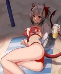  1girl ahoge arknights ass beach beach_towel bikini black_choker blush breasts can choker cleavage commentary_request demon_girl demon_horns demon_tail detached_sleeves feet_out_of_frame grey_hair grey_sleeves highres holding holding_can horns large_breasts looking_at_viewer lying on_side open_mouth planted planted_umbrella red_bikini red_eyes red_nails sand sanukiske shade short_hair sideboob swimsuit tail teeth towel umbrella w_(arknights) 