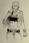  1girl belt breasts contrapposto cowboy_shot crop_top crosshatching fingerless_gloves gloves gun hair_pulled_back hair_strand handgun hatching_(texture) highres holster jacket medium_breasts midriff monochrome navel nib_pen_(medium) original puckered_lips sendai_(nazonomono) sleeves_rolled_up solo tank_top traditional_media weapon 