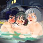  3girls amoretta_(yukiman) bangs black_hair blue_hair blush borrowed_character building closed_eyes commentary_request completely_nude grey_eyes grey_hair grin highres multicolored_hair multiple_girls night nude onsen open_mouth original pipes red_hair rock short_hair smile steam two-tone_hair upper_body water yukiman yuri 