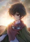  1boy ahoge bangs black_hair brown_hair cloak cloud cloudy_sky desert evplpl eyebrows_visible_through_hair goggles goggles_around_neck gundam gundam_00 highres long_sleeves looking_at_viewer male_focus serious setsuna_f._seiei short_hair sky solo sunset upper_body wavy_hair 