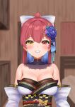  1girl bangs blue_hair blurry blurry_background blush bow breasts cleavage colored_inner_hair commentary_request depth_of_field detached_sleeves eyebrows_visible_through_hair grin hair_between_eyes hair_bow hair_ornament heterochromia highres hololive houshou_marine indoors japanese_clothes kimono large_breasts long_hair looking_at_viewer multicolored_hair obi ootsuka_you red_eyes red_hair sash smile solo sparkle upper_body virtual_youtuber white_bow white_kimono yellow_eyes 