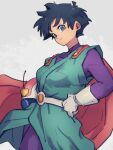  1girl black_hair blue_eyes bodysuit cape closed_mouth dragon_ball dragon_ball_z gloves great_saiyaman_2 grey_background helmet holding holding_helmet kemachiku long_hair looking_at_viewer purple_bodysuit red_cape short_hair solo videl white_gloves 