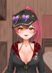  1girl :d bangs black_headwear black_jacket blurry blurry_background blush bra_strap breasts commentary_request depth_of_field earrings eyebrows_visible_through_hair eyewear_on_headwear hair_between_eyes hat heart heart-shaped_eyewear heart_earrings heart_necklace heterochromia high_ponytail highres hololive houshou_marine indoors jacket jewelry large_breasts long_hair looking_at_viewer necklace official_alternate_costume ootsuka_you open_mouth partially_unzipped pirate_hat ponytail red_eyes red_hair smile solo sunglasses upper_body virtual_youtuber yellow_eyes 