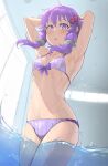  1girl absurdres arm_behind_head bikini breasts collarbone commentary_request cowboy_shot from_below hair_ornament highres indoors looking_at_viewer metalfrog purple_eyes purple_hair short_hair_with_long_locks small_breasts soaking_feet solo striped striped_bikini swimsuit vocaloid voiceroid water yuzuki_yukari 