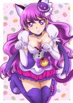  1girl animal_ears between_breasts boots border breasts cat_ears choker cleavage collarbone cure_macaron earrings elbow_gloves eyebrows_visible_through_hair floating_hair food food-themed_hair_ornament gloves hair_between_eyes hair_ornament hanzou highres jewelry kirakira_precure_a_la_mode long_hair looking_at_viewer macaron macaron_hair_ornament medium_breasts miniskirt outside_border pink_skirt precure purple_choker purple_eyes purple_footwear purple_hair shiny shiny_hair short_sleeves skirt smile solo thigh_boots thighhighs very_long_hair white_border white_gloves zettai_ryouiki 