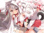  1girl azur_lane breasts closed_mouth collar commentary_request detached_sleeves eyebrows_visible_through_hair fang fingernails grey_hair highres hood kyonta long_hair lying medium_breasts official_alternate_costume on_side red_collar red_eyes red_skirt skin_fang skirt slit_pupils smile solo tail thick_eyebrows thighs underboob wide_sleeves wolf_girl wolf_hood wolf_tail yuudachi_(azur_lane) yuudachi_(the_bride_of_solomon)_(azur_lane) 
