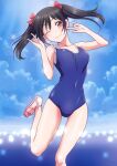  1girl ;3 absurdres ass_visible_through_thighs black_hair blue_sky blue_swimsuit bouncing_breasts bow breasts cloud collarbone day floating_hair hair_bow highres long_hair looking_at_viewer love_live! love_live!_school_idol_project medium_breasts nanno_koto ocean one_eye_closed outdoors page_number red_bow red_eyes school_swimsuit shiny shiny_hair sky smile solo sparkle standing standing_on_one_leg swimsuit twintails yazawa_nico 