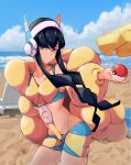  1girl 2049_(hh5566) bangs beach beach_umbrella black_hair blunt_bangs blush breasts closed_mouth cloud coat collarbone commentary_request cowboy_shot day elesa_(pokemon) eyelashes green_eyes hand_up headphones highres holding holding_poke_ball korean_commentary long_sleeves looking_at_viewer midriff open_clothes open_coat outdoors poke_ball poke_ball_(basic) pokemon pokemon_(game) pokemon_bw2 sand shore short_hair_with_long_locks sidelocks sky smile solo umbrella water yellow_coat 