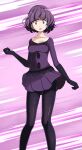  1girl :o bangs black_gloves black_legwear blunt_bangs breasts cleavage collarbone eyebrows_visible_through_hair gloves highres looking_at_viewer medium_breasts open_mouth pantyhose pleated_skirt pokemon pokemon_(game) pokemon_bw pokemon_bw2 purple_eyes purple_hair purple_shirt purple_skirt shauntal_(pokemon) shirt short_hair skirt solo sweat sweatdrop tsukishiro_saika v-neck wide-eyed wind wind_lift 