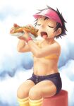  1girl bangs bikini bikini_top black_hair black_shorts closed_eyes commentary_request feet_out_of_frame flat_chest food hot_dog ketchup kneehighs mustard navel open_mouth original pink_headwear short_hair shorts sitting solo swimsuit tomboy tongue tongue_out visor_cap yellow_bikini yellow_legwear yukiman 