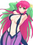  1girl arms_behind_head bangs bare_shoulders blush breasts claws commentary_request duel_monster eyebrows_visible_through_hair feathered_wings feathers green_eyes green_feathers green_wings hair_between_eyes harpie_lady harpy highres large_breasts long_hair monster_girl navel parted_lips pink_hair pointy_ears rora_rash simple_background solo very_long_hair white_background winged_arms wings yu-gi-oh! 