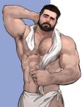  1boy abs arm_hair armpit_hair armpits arms_behind_head bara bare_pectorals beard blush chest_hair facial_hair highres jang_ju_hyeon large_pectorals leg_hair male_focus mature_male muscular muscular_male mustache naked_towel navel navel_hair nipples original pectorals short_hair solo stomach thick_eyebrows towel towel_around_waist 