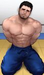  1boy abs absurdres bandaid bandaid_on_nose bara bare_pectorals beard blue_pants blush bulge dougi facial_hair full_body head_tilt highres jang_ju_hyeon kneeling large_pectorals looking_at_viewer male_focus mature_male muscular muscular_male mustache navel navel_hair nipples original pants pectorals shirtless short_hair sideburns solo stomach stubble thick_eyebrows thick_thighs thighs 