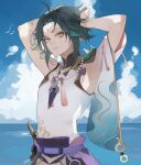  1boy absurdres ahoge arm_tattoo armpits arms_up bangs bead_necklace beads cloud cloudy_sky commentary cowboy_shot day genshin_impact green_hair hair_intakes highres jewelry kamui_(kurohshiro1) looking_at_viewer male_focus multicolored_hair necklace ocean outdoors parted_bangs parted_lips shirt short_hair_with_long_locks shoulder_spikes sidelocks sky sleeveless solo spikes tattoo two-tone_hair white_shirt xiao_(genshin_impact) yellow_eyes 