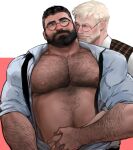  2boys arm_hair assisted_exposure bara bare_pectorals beard belly black-framed_eyewear black_hair blonde_hair blush chest_hair couple facial_hair glasses highres holding_hands jang_ju_hyeon large_pectorals male_focus mature_male multiple_boys muscular muscular_male mustache navel navel_hair necktie necktie_removed nipples old old_man open_clothes open_shirt original pectorals plump round_eyewear short_hair stomach thick_eyebrows undressing_another yaoi 