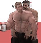  2boys ? abs arm_hair assisted_exposure bara beard behind_another black-framed_eyewear black_pants chest_hair cigar clothes_pull coffee_mug couple cup eye_contact facial_hair glasses heart highres jang_ju_hyeon large_pectorals looking_at_another male_focus mature_male mug multiple_boys muscular muscular_male mustache navel navel_hair nipples old old_man original pants pants_pull pectorals pulled_by_another raised_eyebrows round_eyewear seductive_smile shirtless short_hair sideburns smile stomach stubble thick_eyebrows undressing_another yaoi 