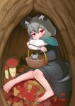  1girl :3 absurdres animal_ears autumn_leaves bangs barefoot basket blue_capelet blush capelet closed_mouth commentary_request commission full_body grey_hair grey_skirt grey_vest head_rest highres jewelry leaf long_sleeves looking_at_viewer mouse mouse_ears mouse_girl mouse_tail nazrin pendant red_eyes serakawa shirt short_hair sitting skirt skirt_set solo tail touhou tree_hole vest white_shirt 