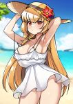  1girl adjusting_clothes adjusting_headwear arm_behind_head armpits bangs beach bikini blonde_hair blue_sky blush breasts cleavage day dress eyebrows_visible_through_hair hat highres igonik last_origin long_hair looking_at_viewer medium_breasts outdoors red_eyes sirene_(last_origin) sky solo straw_hat sun_hat sundress swimsuit water white_dress 