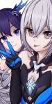  2girls bangs bare_shoulders black_gloves blue_eyes blue_hair bronya_zaychik bronya_zaychik_(herrscher_of_reason) closed_eyes closed_mouth dress elbow_gloves gloves grey_eyes grey_hair hair_between_eyes hair_ornament honkai_(series) honkai_impact_3rd long_hair looking_at_viewer multiple_girls seele_vollerei seele_vollerei_(swallowtail_phantasm) selfie short_hair simple_background sleeveless sleeveless_dress smile sphere-stc tongue tongue_out v white_background 