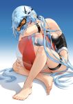  1girl ball barefoot black_swimsuit blue_background blue_eyes blue_hair breasts eyewear_on_head frame_arms_girl full_body gradient gradient_background highres large_breasts long_hair looking_at_viewer one-piece_swimsuit pinakes shadow sitting solo stylet sunglasses swimsuit toes very_long_hair 