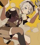  1girl aoba_moca bang_dream! belt bread coldcat. food goggles goggles_on_head green_eyes grey_hair highres mouth_hold short_hair solo steampunk sweat wrench 