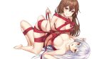  2girls brown_hair lillly long_hair nude original red_eyes ribbons white 