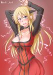  1girl anti_(untea9) arms_up blonde_hair blue_eyes breasts choker cosplay cowboy_shot demon_girl demon_horns dress highres horns kantai_collection large_breasts long_hair maou-sama_isekai_de_yuusha_to_naru maou_(maoyuu) maou_(maoyuu)_(cosplay) maoyuu_maou_yuusha nelson_(kancolle) one-hour_drawing_challenge red_dress solo sword weapon 
