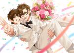  2boys ace_of_diamond bouquet bow bowtie brown_eyes brown_hair carrying couple flower formal groom highres husband_and_husband male_focus miyuki_kazuya multiple_boys necktie one_eye_closed pink_flower pink_rose poru_bm princess_carry rose sawamura_eijun short_hair smile suit teeth v wedding white_flower white_rose white_suit yaoi 