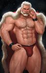  1boy abs arm_hair bara beard briefs bulge cape chest_hair christmas facial_hair feet_out_of_frame fur-trimmed_cape fur_trim glasses hairy highres jang_ju_hyeon large_pectorals leg_hair male_focus male_underwear mature_male muscular muscular_male mustache navel nipples old old_man original pectorals red_male_underwear rimless_eyewear round_eyewear santa_costume short_hair solo stomach thick_eyebrows thick_thighs thighs underwear underwear_only white_hair 