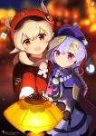  2girls ahoge backpack bag bangs bead_necklace beads blurry braid brown_gloves brown_scarf cabbie_hat chinchongcha chinese_clothes clover_print coat coin_hair_ornament commentary_request depth_of_field eyebrows_visible_through_hair genshin_impact gloves hair_between_eyes hat hat_feather hat_ornament highres jewelry jiangshi klee_(genshin_impact) lantern light_brown_hair long_hair long_sleeves looking_at_viewer low_ponytail low_twintails multiple_girls necklace ofuda orange_eyes pointy_ears purple_eyes purple_hair qing_guanmao qiqi_(genshin_impact) randoseru red_coat red_headwear scarf sidelocks single_braid twintails vision_(genshin_impact) 