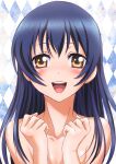  1girl :d absurdres argyle argyle_background bangs blue_hair blush brown_eyes collarbone hair_between_eyes highres long_hair looking_at_viewer love_live! love_live!_school_idol_project nanno_koto nude open_mouth page_number portrait shiny shiny_hair smile solo sonoda_umi straight_hair 