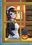  1girl alternate_costume apron bangs black_dress black_hair black_headwear blue_eyes blurry blurry_background blush bookshelf breasts closed_mouth commentary_request dress enmaided eyebrows_visible_through_hair from_side hat highres hololive indoors jack-o&#039;-lantern long_hair long_sleeves looking_at_viewer maid maid_apron maid_headdress ootsuka_you oozora_subaru picture_(object) smile solo very_long_hair virtual_youtuber white_apron window witch_hat 