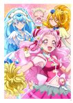  3girls :d blonde_hair blue_hair blue_headwear border clover_earrings cure_ange cure_etoile cure_yell earrings eyebrows_visible_through_hair flower hair_between_eyes hair_cones hair_flower hair_ornament hair_ribbon hanzou harryham_harry hat highres hug-tan_(precure) jewelry long_hair makeup mascara midriff mini_hat multiple_girls navel open_mouth pink_eyes pink_flower pink_hair red_ribbon ribbon shiny shiny_hair smile star_(symbol) star_earrings star_hair_ornament stomach very_long_hair white_border yellow_eyes 