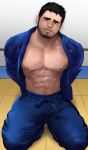  1boy abs absurdres bandaid bandaid_on_nose bara bare_pectorals beard blue_pants blush bulge dougi facial_hair full_body head_tilt highres jang_ju_hyeon kneeling large_pectorals looking_at_viewer male_focus mature_male muscular muscular_male mustache navel navel_hair nipples open_clothes open_shirt original pants pectorals short_hair sideburns solo stomach stubble thick_eyebrows thick_thighs thighs 