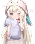  1girl animal_hood arm_up bangs blonde_hair blush closed_mouth commentary_request eyebrows_visible_through_hair fang hand_up highres holding holding_pillow hood long_hair long_sleeves looking_at_viewer mannack maplestory one_eye_closed orchid_(maplestory) pillow purple_eyes shirt skin_fang sleepy solo tears upper_body white_background white_shirt wide_sleeves 